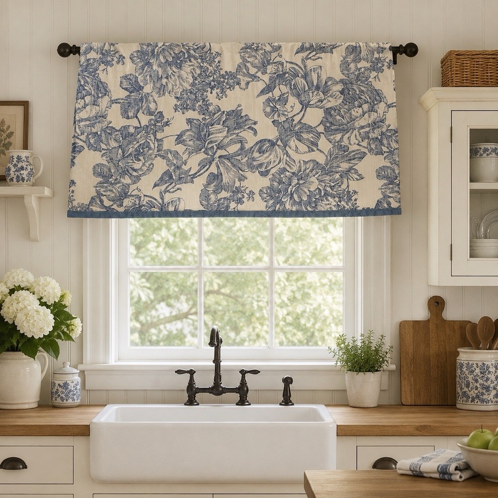 WAVERLY Garden Room Curtain Panels Valance Ivory/Blue Floral Toile‎ 58" x 12"